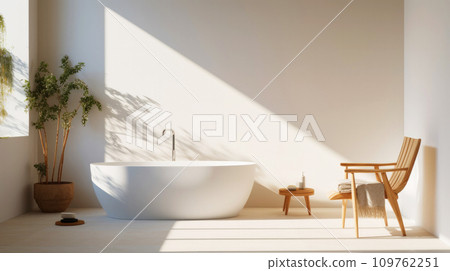 Minimalistic bathroom design with white bathtub, natural sun light and sharp diagonal shadow on wall. Serene Spa-like atmosphere. Modern home relaxation space. Elegance in simplicity Minimalistic bathroom design with white bathtub, natural sun light and sharp diagonal shadow on wall. Serene Spa-like atmosphere. Modern home relaxation space. Elegance in simplicity 109762251