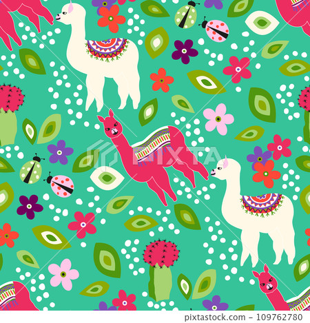 Cute llama seamless pattern with small leaf, flower,cactus, ladybug on a turquoise background. Vector pattern for kid Cute llama seamless pattern with small leaf, flower,cactus, ladybug on a turquoise background. Vector pattern for kid 109762780
