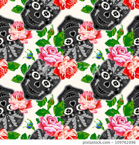 Seamless pattern with skull and rose. Floral skull background Seamless pattern with skull and rose. Floral skull background 109762896
