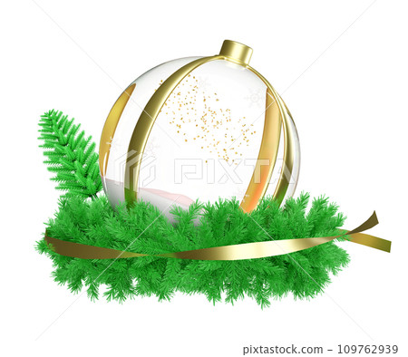 3d snow ball, ornaments glass transparent with wreath pine leaves, pine tree, snowflake, confetti, christmas tree. merry christmas and happy new year, 3d render illustration 109762939