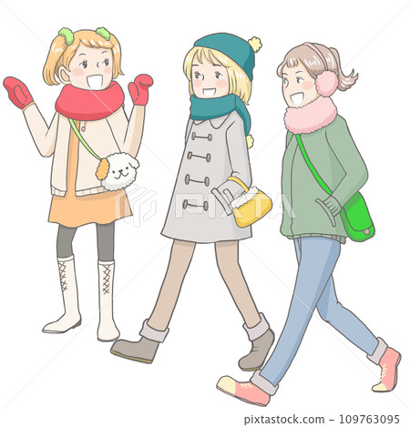 Three girls going out in winter clothes Three girls going out in winter clothes 109763095