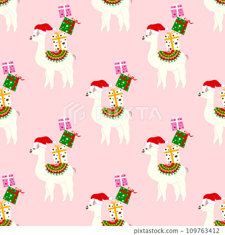 Christmas seamless pattern with cute llamas in hats 109763412