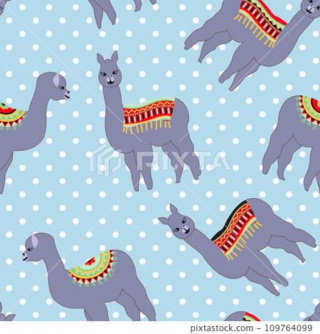 Seamless pattern with cute llama. Vector abstract background for kid. Hand drawn lama design with sweet polka dot background Seamless pattern with cute llama. Vector abstract background for kid. Hand drawn lama design with sweet polka dot background 109764099