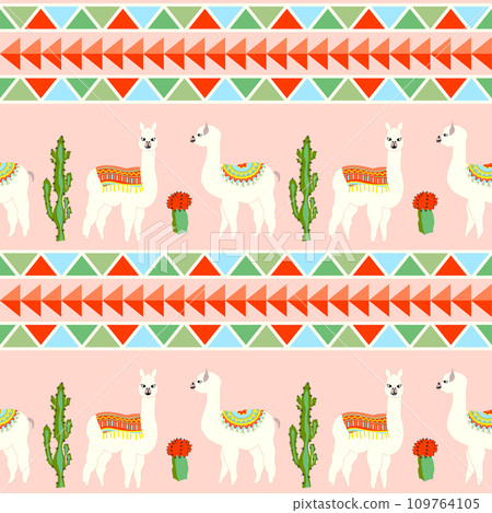 Seamless pattern with cute llama, castus and flower. Llama, cactus, flower pattern with Aztec geometric striped background 109764105