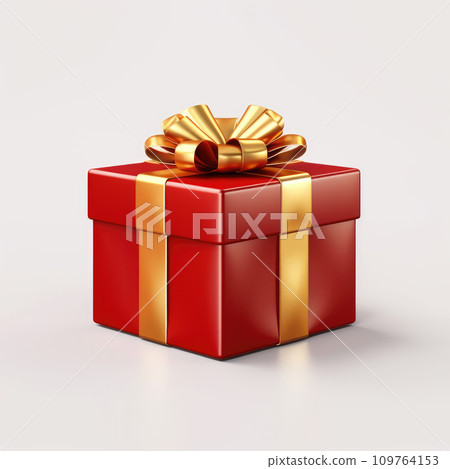 AI-generated content. Birthday gift, Christmas gift, red box with gold bow on white background. 109764153