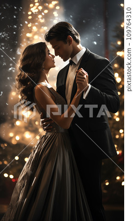 AI-generated content. Romantic young couple in love dancing a classic dance on Christmas evening. warm, golden lights. AI generated AI-generated content. Romantic young couple in love dancing a classic dance on Christmas evening. warm, golden lights. AI generated 109764310