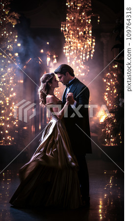AI-generated content. Romantic young couple in love dancing a classic dance on Christmas evening. warm, golden lights. AI generated 109764318