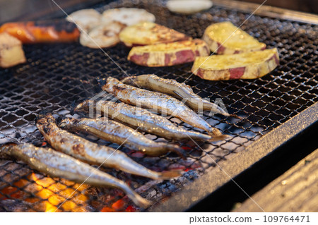 Fish and vegetables grilled on the barbecue 109764471