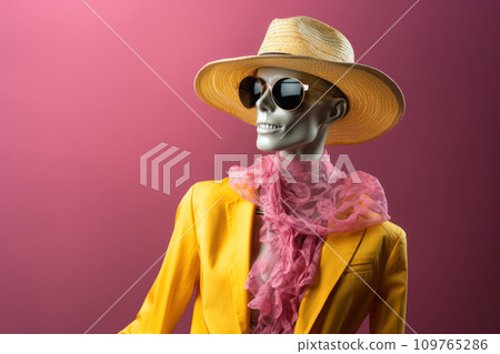 Stylish human mannequin model posing in trendy clothes, glasses and hat. Fashionable female manikin dressed in yellow pink attire against a light gradient background, with copy space. Close-up 109765286