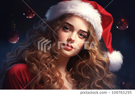 Beautiful curly young brunette woman in Santa Claus hat and Christmas red outfit. Portrait in the style of oil painting. Concept for Christmas or New Year card, greeting, wall decoration Beautiful curly young brunette woman in Santa Claus hat and Christmas red outfit. Portrait in the style of oil painting. Concept for Christmas or New Year card, greeting, wall decoration 109765295