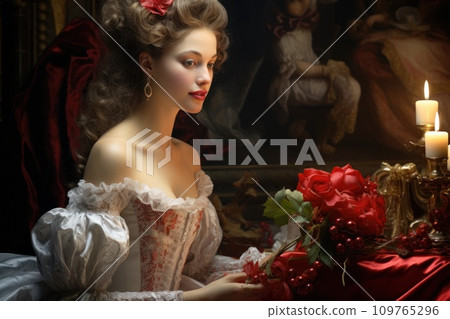 Young brunette woman in a white dress with a bouquet of red flowers. Portrait in the style of impressionism, oil painting. Noble lady of the 19th century. For cards, greetings, wall decoration. Young brunette woman in a white dress with a bouquet of red flowers. Portrait in the style of impressionism, oil painting. Noble lady of the 19th century. For cards, greetings, wall decoration. 109765296