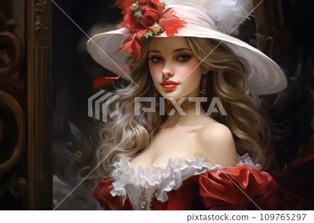 A young blonde woman in a white dress in a large extravagant hat with flowers. Portrait in the style of impressionism, oil painting. Noble lady of the 19th century. Cards, greetings, wall decoration 109765297