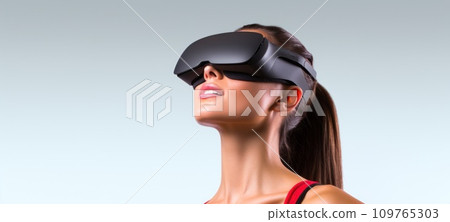 Caucasian brunette woman in virtual reality glasses on a white background. With cope space. Banner template of Person in black VR goggles. Concept of technology, game, entertainment, Caucasian brunette woman in virtual reality glasses on a white background. With cope space. Banner template of Person in black VR goggles. Concept of technology, game, entertainment, 109765303