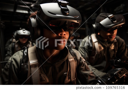 Group of special squad people in special equipment, virtual reality glasses, and headphones in action perform a special task. Concept of using virtual reality glasses for complex tasks and techniques 109765316