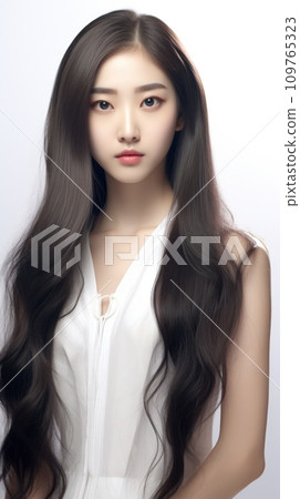 Young Asian beauty woman model with long dark hair in white tank top with pastel Korean makeup and perfect skin, on white background. The concept of tenderness, youth, and self-care. Vertical photo 109765323