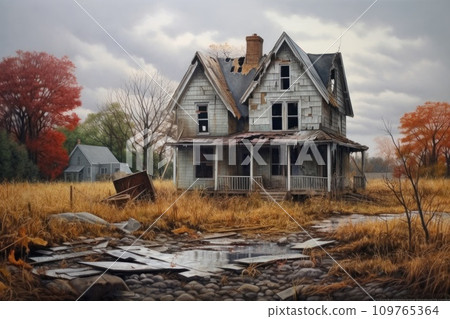 Abandoned dilapidated house. Partially destroyed house after a tornado. House in ruins and in rubble. A natural disaster. The storm and hurricane wrecked the house. For poster, banner 109765364