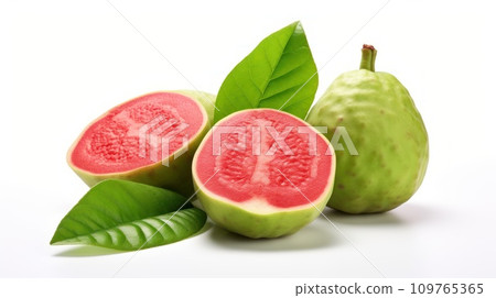 Guava fruits on white background. Whole and halves. Green peel, red flesh. Psidium guajava. Exotic tropical fruit. healthy vegan dessert. Macro. Organic eco. Food blog, shop, supermarket restaurant. 109765365