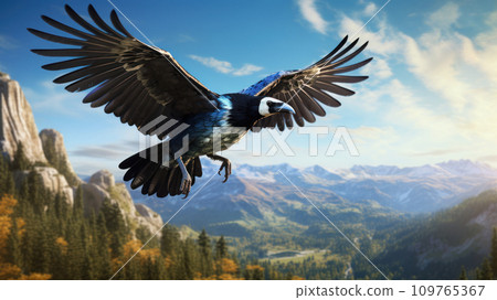 Graceful magpie in flight against mountainous horizon. Beauty of wild landscapes and majesty of birds. Ornithology, birdwatching, scientific research. Cover design, journal, presentation, banner. 109765367
