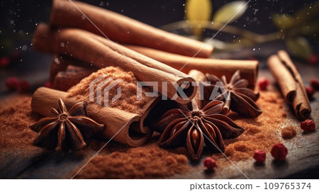 Brown spices, star anise, cinnamon. Aromatic seasonings for tea, coffee, hot chocolate, cocoa, mulled wine. Dark background. Organic spices. Tea house, cafe, restaurant, food blog, spice shop. 109765374