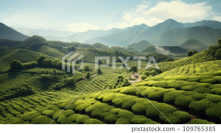 Ancient tea gardens of Yunnan Province, where Pu-erh tea trees thrive. Lush greenery and serene ambiance of this tea-producing region. Landscape, plantation tea harvest. Beautiful backdrop. 109765385