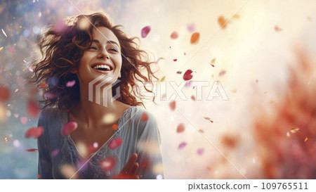 AI-generated content. Happy smiling young woman standing under falling confetti 109765511