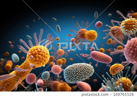 Bacterial diversity. Microscopic view of various bacteria species, diverse shapes and arrangements. Bacterial cells, cell walls, flagella, pili, biofilm formation. Microbiological. Medical. 109765526