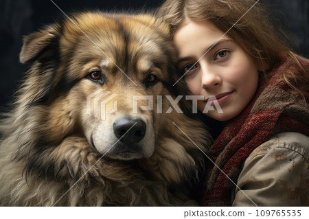 Friends dog and girl. Beautiful cute young woman, girl hugs large shaggy kind dog of Caucasian Shepherd breed. Girl smiles. Close up. Strong friendship between man and dog. Sincere love. Together. 109765535