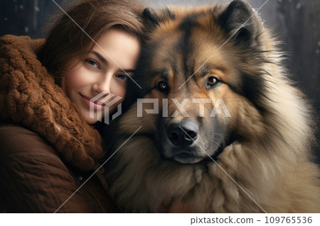 Friends dog and girl. Beautiful cute young woman, girl hugs large shaggy kind dog of Caucasian Shepherd breed. Girl smiles. Close up. Strong friendship between man and dog. Sincere emotions and love. 109765536