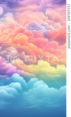 Illustration of rainbow colored clouds. Fairytale fantasy sky background. Dreamy fantasy soft backdrop or wallpaper. Vertical illustration. Copy Space. Illustration of rainbow colored clouds. Fairytale fantasy sky background. Dreamy fantasy soft backdrop or wallpaper. Vertical illustration. Copy Space. 109765557