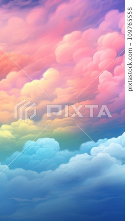 Illustration of rainbow colored clouds. Fairytale fantasy sky background. Cartoon style. Dreamy fantasy soft backdrop or wallpaper. Vertical illustration. Copy Space. 109765558