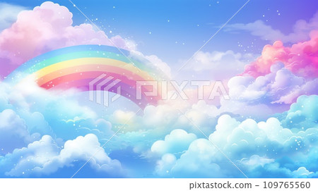 Illustration of rainbow clouds with shining stars. Fairytale fantasy sky background. Cartoon style. Copy Space. 109765560