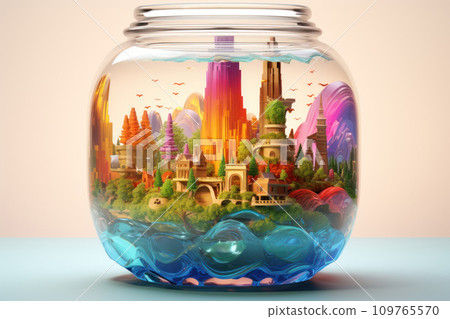 Fantastic illustration of small fairy-tale world of town with trees, lake, rainbow inside glass jar. Mystical town isolated in jar. Colorful fantasy art. Concept of isolation from the outside world. 109765570