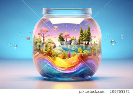 Fantastic illustration of small fairy-tale world with trees, lake, rainbow inside glass jar. Dream concept.. Mystical beautiful world isolated in jar. Colorful fantasy art. Postcard, scrapbooking 109765571