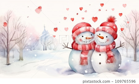 Two watercolor snowmen, male and female, hugging tenderly. A loving couple together. On white background with hearts and copy space. Valentines Day. For greeting cards, banners, posters, scrapbooking 109765596