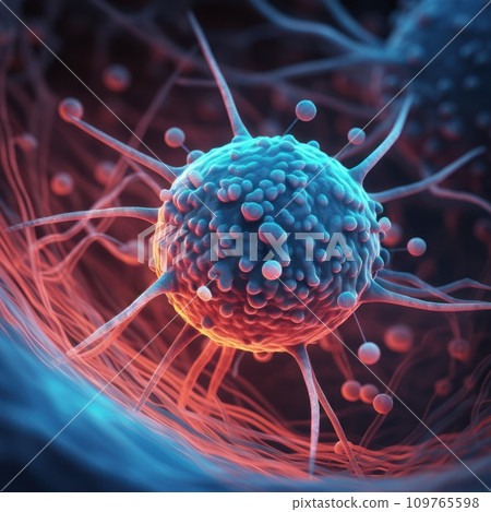 Virus close up. Macro details of red and blue microbe, viral bacteria molecule. Virus outbreak. Medicine and microbiology concept. Bacteria, microbe. Biochemical studies. Scientific article, magazine, 109765598