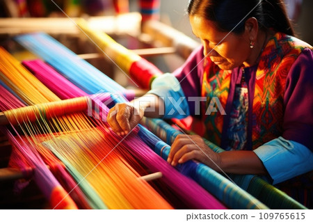 Traditional craft. Indigenous elderly woman weaving intricate patterns on traditional looms. Colorful threads, patterns coming to life, focused artistry. Skilled craftsmanship, tradition. Weaver 109765615