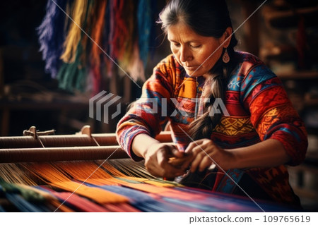 Traditional craft. Elderly indigenous woman weaves fabric with intricate patterns on traditional looms. Colorful threads, patterns, focused craftsmanship. Skilled craftsmanship, tradition. Weaver 109765619