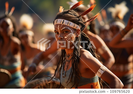 Young native American Indian woman in traditional costume, jewelry and headdress with feathers, dances indigenous tribal dance at cultural festival. Against the background of dancing people 109765620