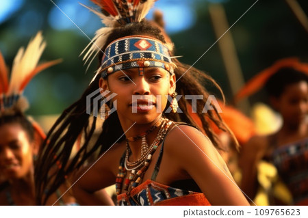 Young woman, native American Indian girl in traditional costume, jewelry and headdress with feathers, dances indigenous tribal dance at cultural festival. Against the background of dancing people 109765623