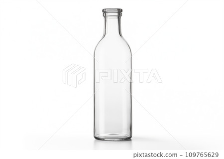 Transparent clean empty Glass bottle without cap isolated on white background. Mockup, template for design. With copy space. Empty bottle for drink, juice, lemonade, milk, beer, alcohol. For beverages 109765629
