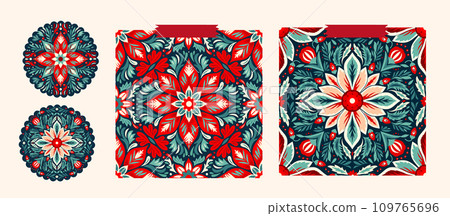Christmas Folk Art Star Floral Boho Seamless Pattern Vector Set. Swedish Scandinavian Holiday Ornament Collection. 109765696