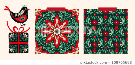 Christmas Folk Art Star Floral Boho Seamless Pattern Vextor Set. Swedish Scandinavian Holiday Collection. 109765698
