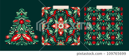 Christmas Folk Art Star Floral Boho Seamless Pattern Vector Set. Swedish Scandinavian Holiday Ornament Collection. 109765699