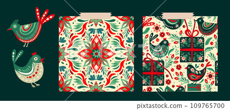 Christmas Folk Art Star Floral Boho Seamless Pattern Vector Set. Swedish Scandinavian Holiday Ornament Collection. Christmas Folk Art Star Floral Boho Seamless Pattern Vector Set. Swedish Scandinavian Holiday Ornament Collection. 109765700