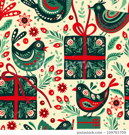 Folk Art Bird and Gift Box Ethnic Holiday Christmas Vector Seamless Pattern Folk Art Bird and Gift Box Ethnic Holiday Christmas Vector Seamless Pattern 109765709
