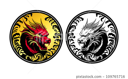 Red and golden Dragon scales collide in an emblem set of power and grace, Dragon head vector black silhouette art. 109765716