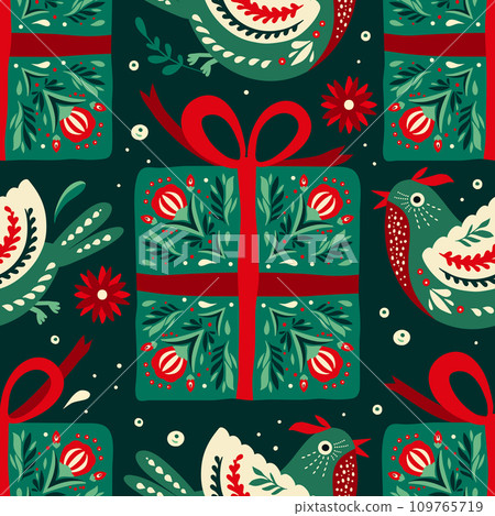 Folk Art Bird and Gift Box Ethnic Holiday Christmas Vector Seamless Pattern 109765719