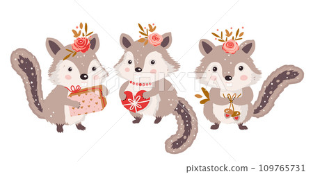 Cute chipmunk animal set. Forest woodland character collection with gift and flower. Vector happy funny greeting card Cute chipmunk animal set. Forest woodland character collection with gift and flower. Vector happy funny greeting card 109765731