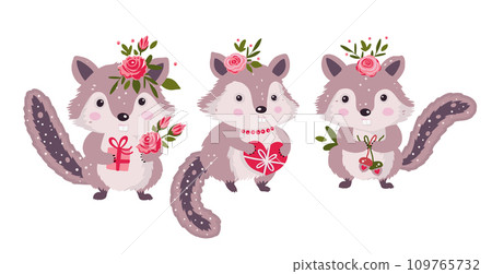 Cute chipmunk animal set. Forest woodland character collection with gift and flower. Vector happy funny greeting card Cute chipmunk animal set. Forest woodland character collection with gift and flower. Vector happy funny greeting card 109765732