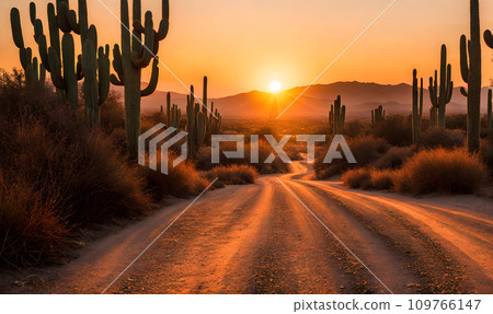 Wild West journey: Dusty road winds through arid land Wild West journey: Dusty road winds through arid land 109766147